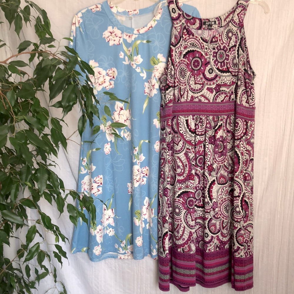 APT 9 & AMAZON size L polyester tunic dresses blue floral & cranberry paisley